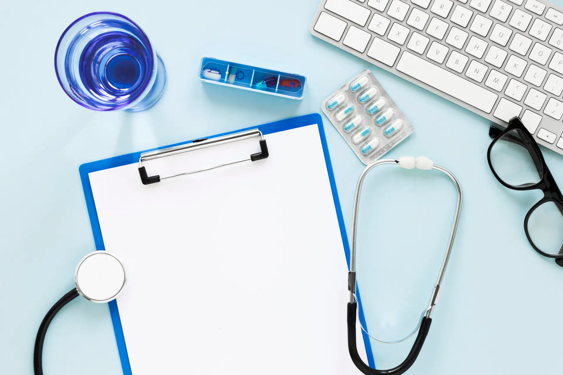 top-view-glass-water-with-stethoscope